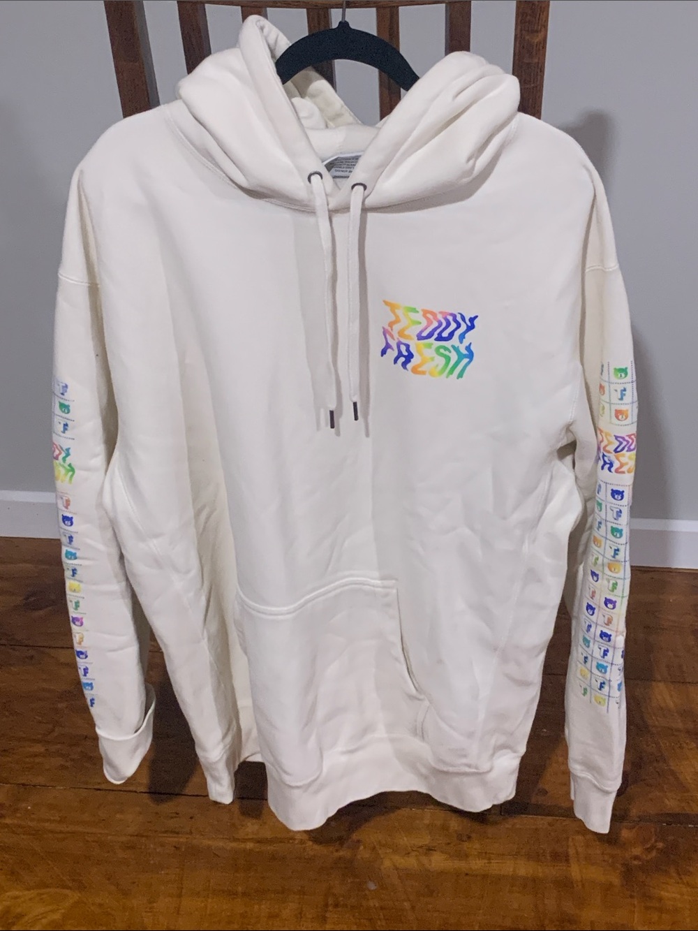 Teddy Fresh H3H3 Merch Cream Hoodie with Multicolor Chest Logo and Sleeve Icons